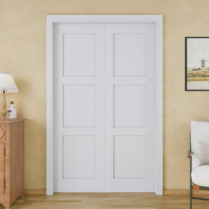 JUJUBON Soft-Close Sliding Pocket Doors, 3 Panel Solid Core MDF Door Slab with Hardware Kit&Pocket Door Frame, Interior Sliding Doors for 2x4 Stud, Pre-Finished&Paintable