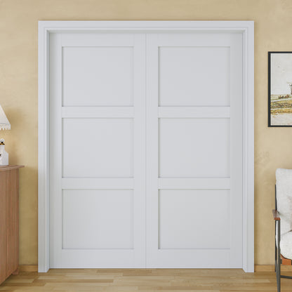 JUJUBON Soft-Close Sliding Pocket Doors, 3 Panel Solid Core MDF Door Slab with Hardware Kit&Pocket Door Frame, Interior Sliding Doors for 2x4 Stud, Pre-Finished&Paintable