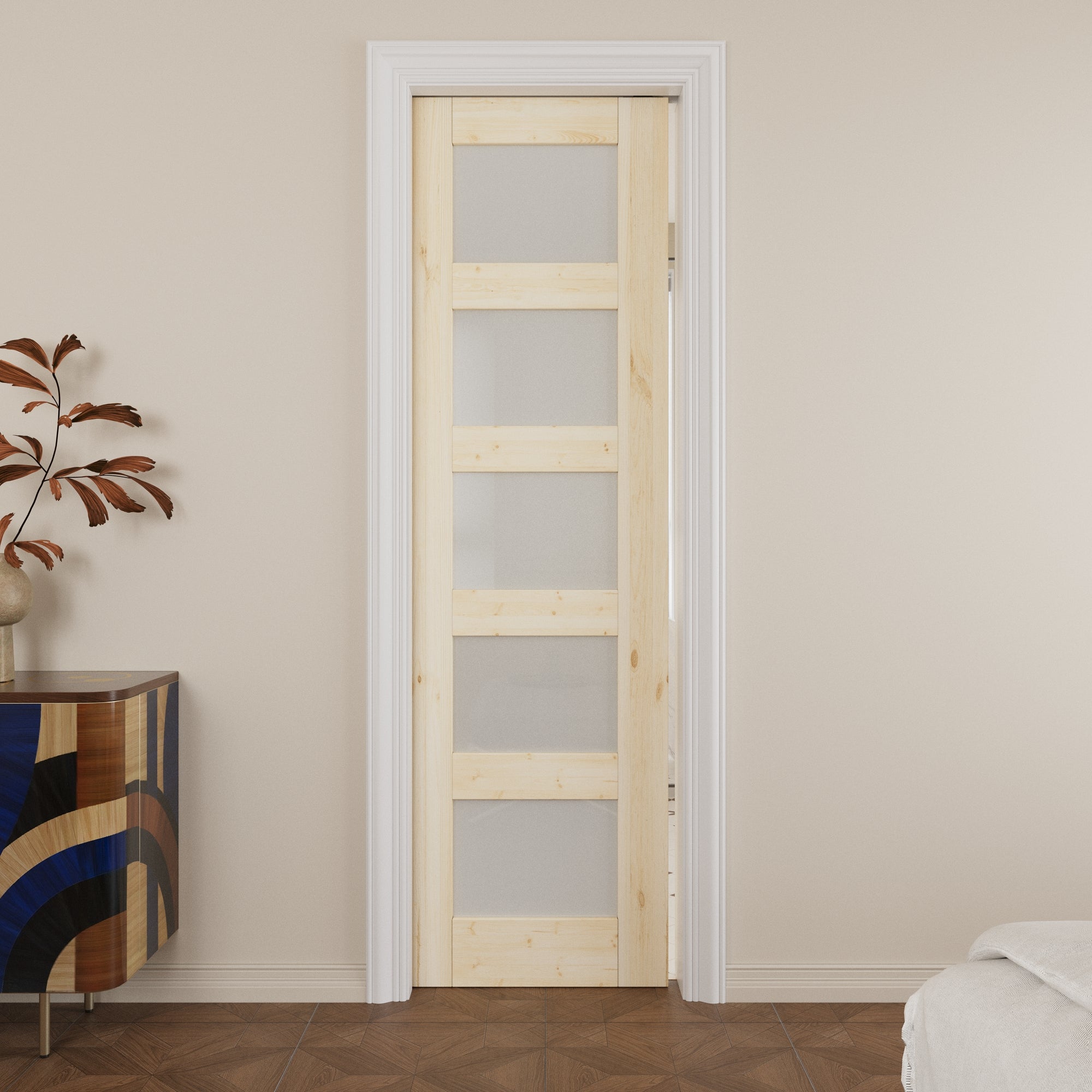 JUJUBON Soft-Close Sliding Pocket Doors, 5 Panel Tempered Frosted Glass&Pine Wood Door Slab with Hardware Kit&Pocket Door Frame, Interior Sliding Doors for 2x4 Stud, Unfinished