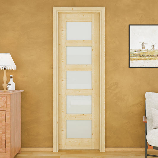 JUJUBON Soft-Close Sliding Pocket Doors, 5 Panel Tempered Frosted Glass&Pine Wood Door Slab with Hardware Kit&Pocket Door Frame, Interior Sliding Doors for 2x4 Stud, Unfinished