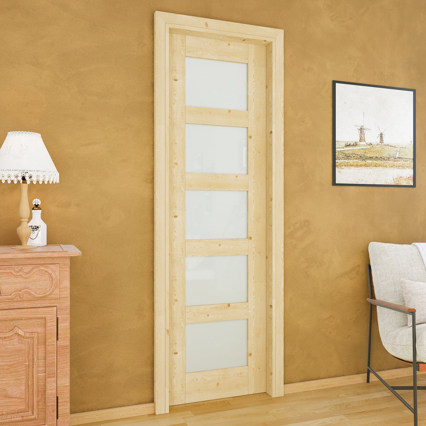 JUJUBON Soft-Close Sliding Pocket Doors, 5 Panel Tempered Frosted Glass&Pine Wood Door Slab with Hardware Kit&Pocket Door Frame, Interior Sliding Doors for 2x4 Stud, Unfinished