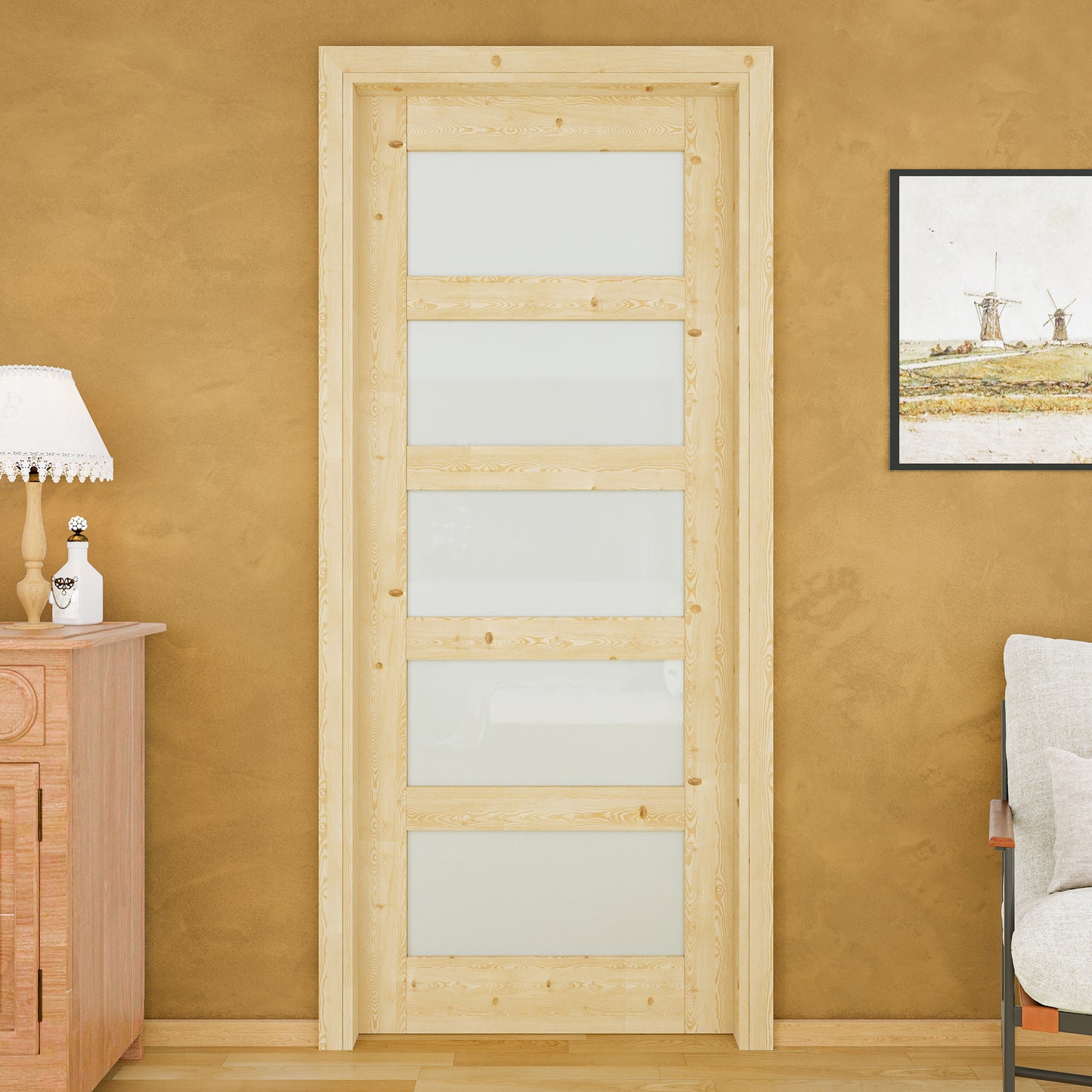 JUJUBON Soft-Close Sliding Pocket Doors, 5 Panel Tempered Frosted Glass&Pine Wood Door Slab with Hardware Kit&Pocket Door Frame, Interior Sliding Doors for 2x4 Stud, Unfinished