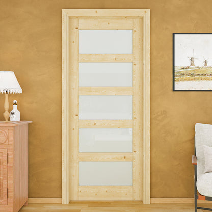 JUJUBON Soft-Close Sliding Pocket Doors, 5 Panel Tempered Frosted Glass&Pine Wood Door Slab with Hardware Kit&Pocket Door Frame, Interior Sliding Doors for 2x4 Stud, Unfinished