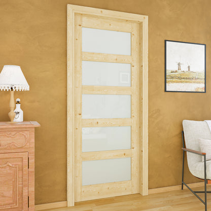 JUJUBON Soft-Close Sliding Pocket Doors, 5 Panel Tempered Frosted Glass&Pine Wood Door Slab with Hardware Kit&Pocket Door Frame, Interior Sliding Doors for 2x4 Stud, Unfinished