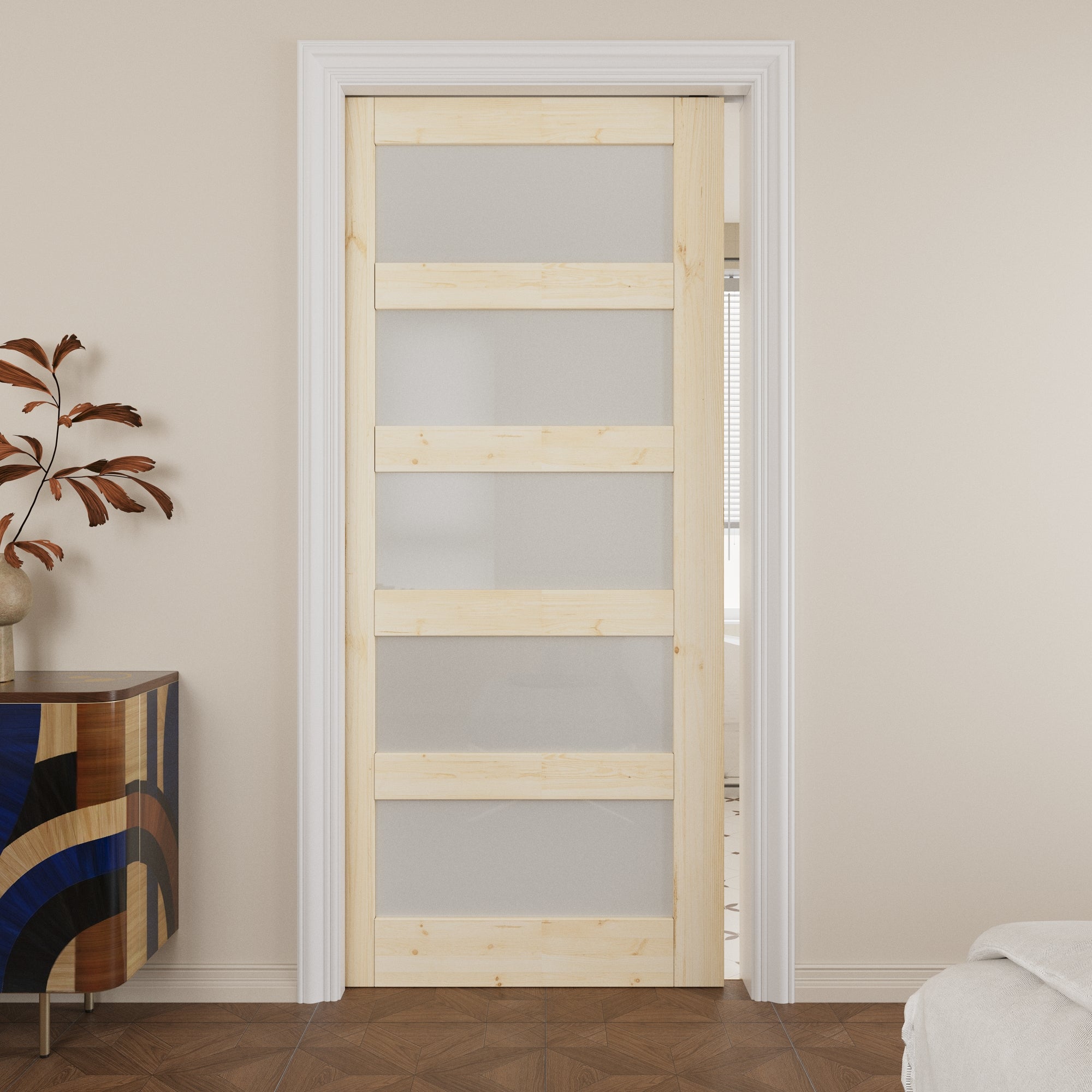 JUJUBON Soft-Close Sliding Pocket Doors, 5 Panel Tempered Frosted Glass&Pine Wood Door Slab with Hardware Kit&Pocket Door Frame, Interior Sliding Doors for 2x4 Stud, Unfinished