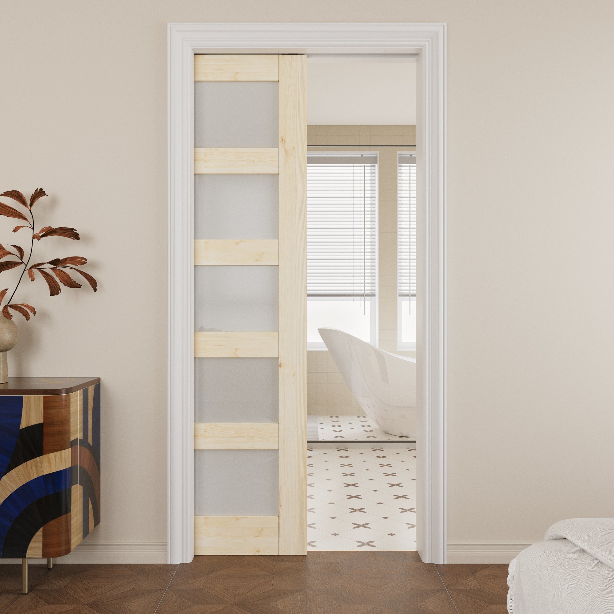 JUJUBON Soft-Close Sliding Pocket Doors, 5 Panel Tempered Frosted Glass&Pine Wood Door Slab with Hardware Kit&Pocket Door Frame, Interior Sliding Doors for 2x4 Stud, Unfinished