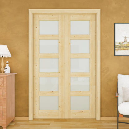 JUJUBON Soft-Close Sliding Pocket Doors, 5 Panel Tempered Frosted Glass&Pine Wood Door Slab with Hardware Kit&Pocket Door Frame, Interior Sliding Doors for 2x4 Stud, Unfinished