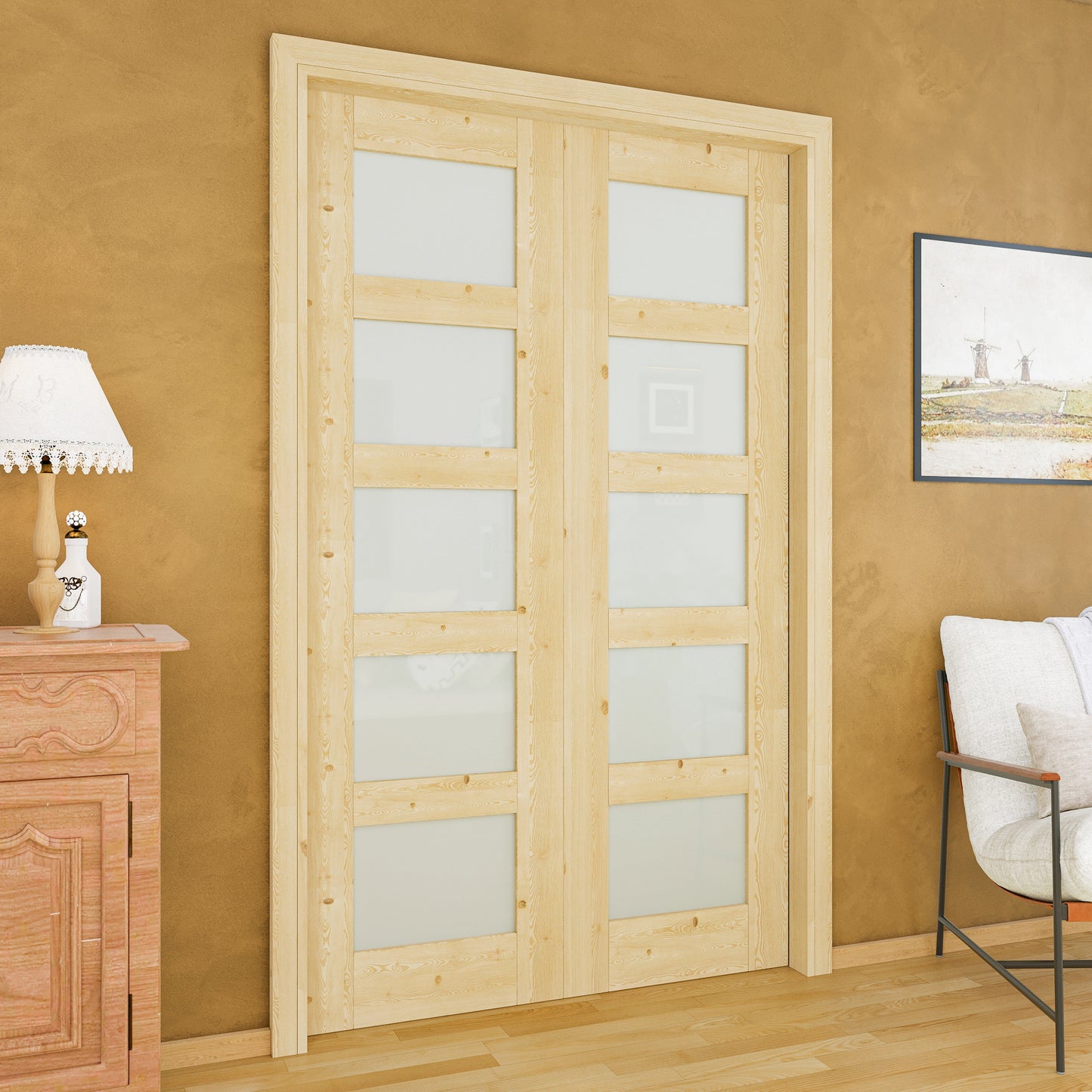 JUJUBON Soft-Close Sliding Pocket Doors, 5 Panel Tempered Frosted Glass&Pine Wood Door Slab with Hardware Kit&Pocket Door Frame, Interior Sliding Doors for 2x4 Stud, Unfinished