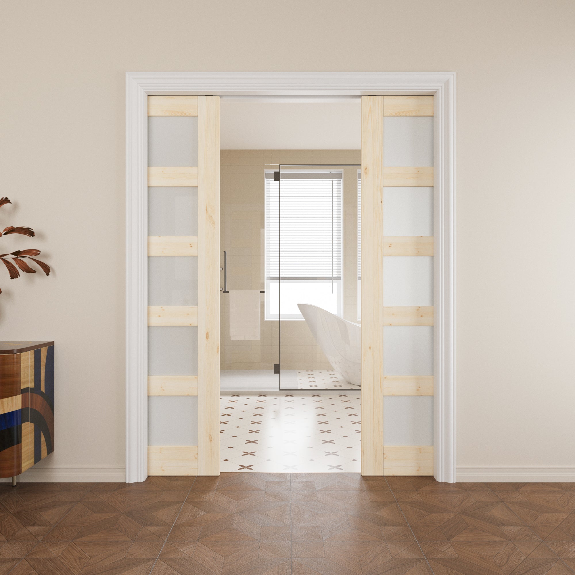 JUJUBON Soft-Close Sliding Pocket Doors, 5 Panel Tempered Frosted Glass&Pine Wood Door Slab with Hardware Kit&Pocket Door Frame, Interior Sliding Doors for 2x4 Stud, Unfinished