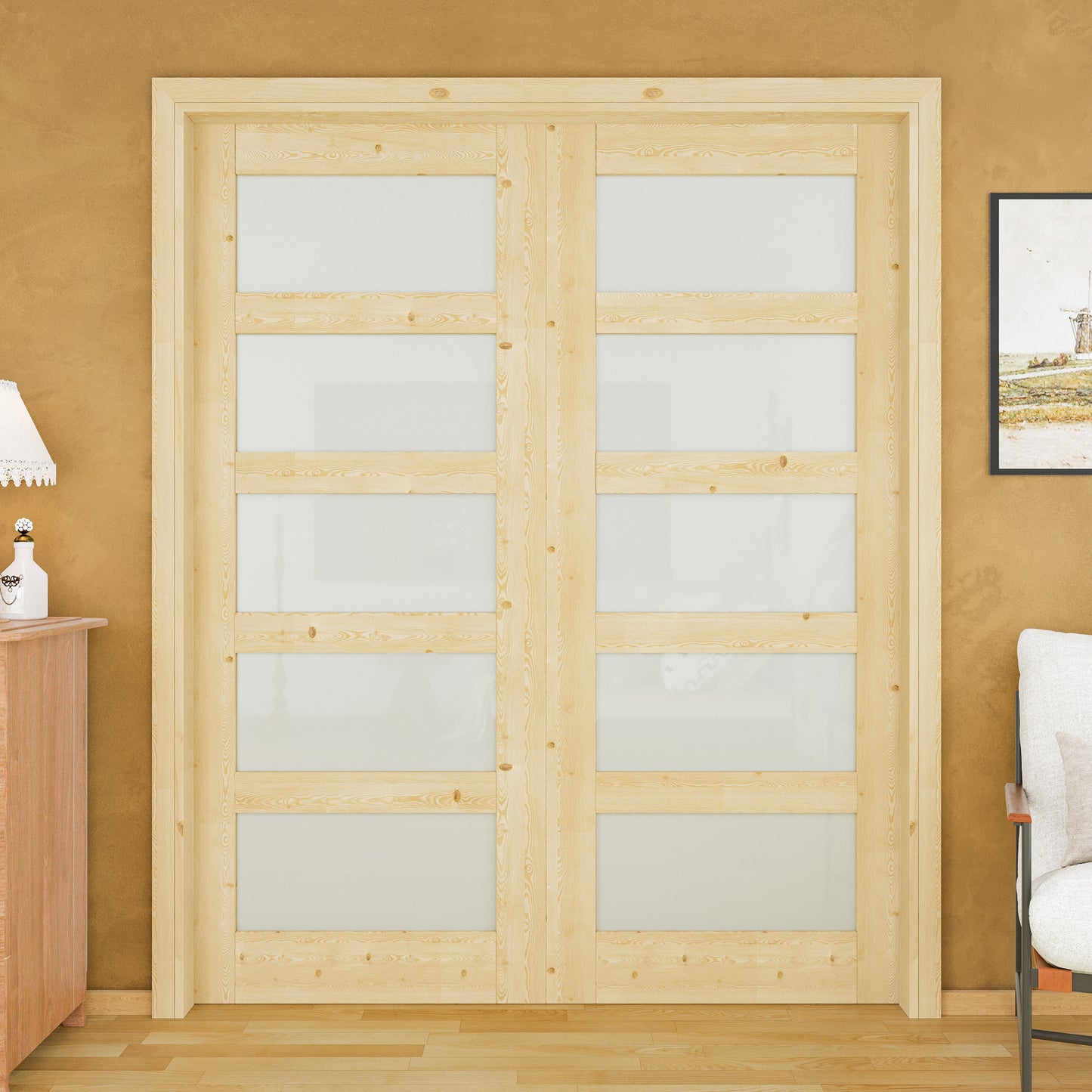 JUJUBON Soft-Close Sliding Pocket Doors, 5 Panel Tempered Frosted Glass&Pine Wood Door Slab with Hardware Kit&Pocket Door Frame, Interior Sliding Doors for 2x4 Stud, Unfinished