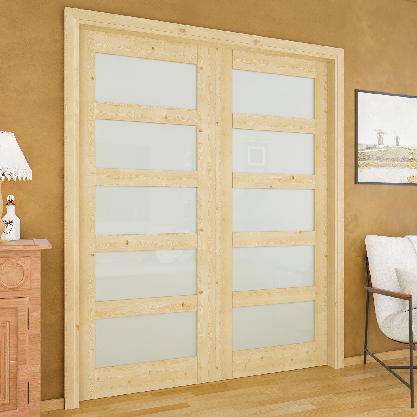 JUJUBON Soft-Close Sliding Pocket Doors, 5 Panel Tempered Frosted Glass&Pine Wood Door Slab with Hardware Kit&Pocket Door Frame, Interior Sliding Doors for 2x4 Stud, Unfinished