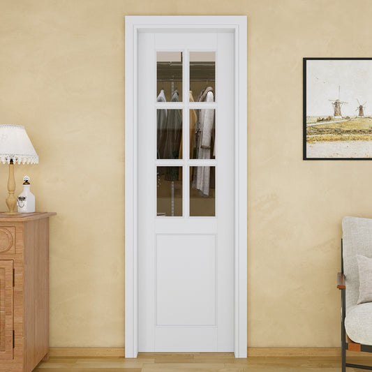 JUJUBON Soft-Close Sliding Pocket Doors, 6-Lite Tempered Clear Glass Door Slab with Hardware Kit&Pocket Door Frame, Interior Sliding Doors for 2x4 Stud, Pre-Finished&Paintable