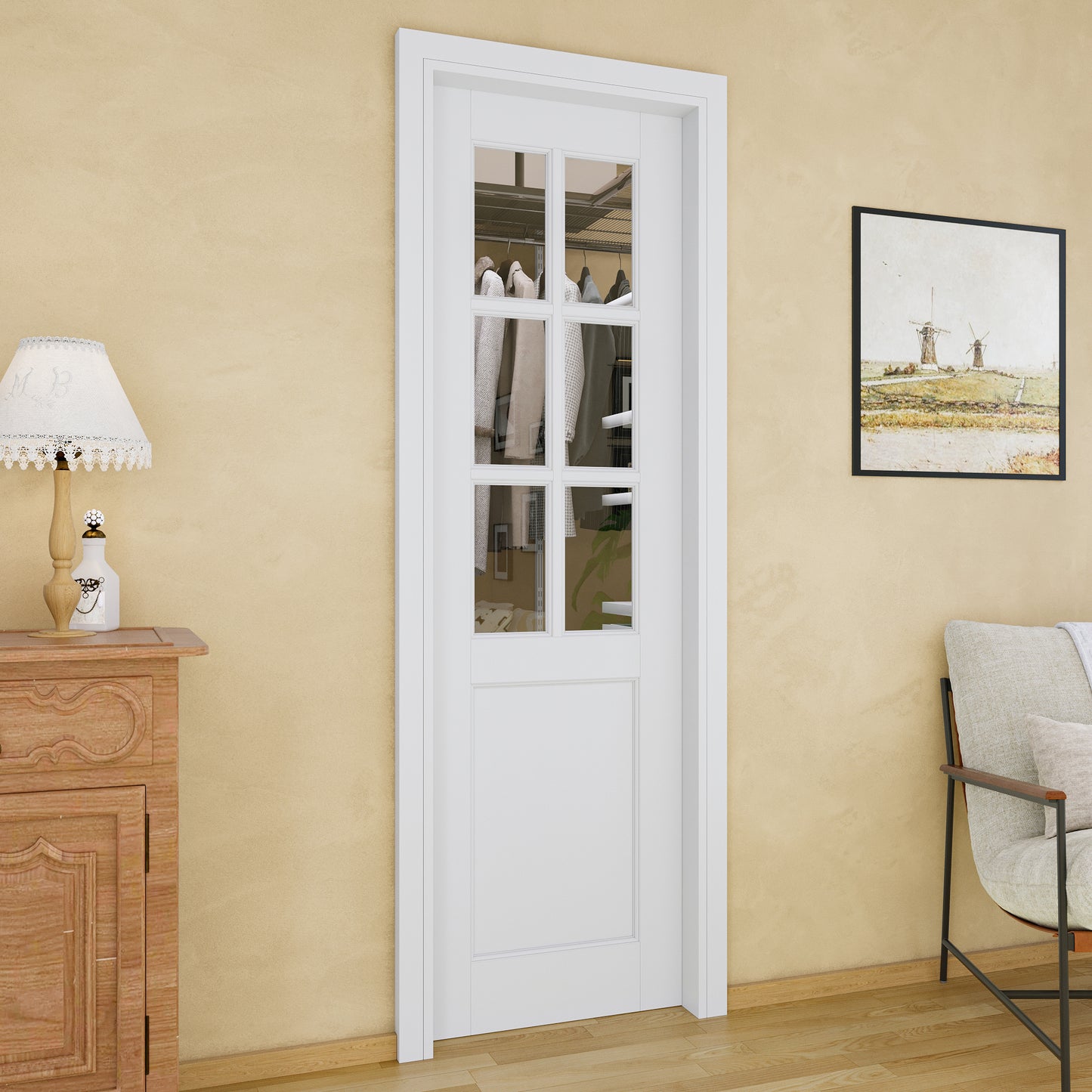 JUJUBON Soft-Close Sliding Pocket Doors, 6-Lite Tempered Clear Glass Door Slab with Hardware Kit&Pocket Door Frame, Interior Sliding Doors for 2x4 Stud, Pre-Finished&Paintable