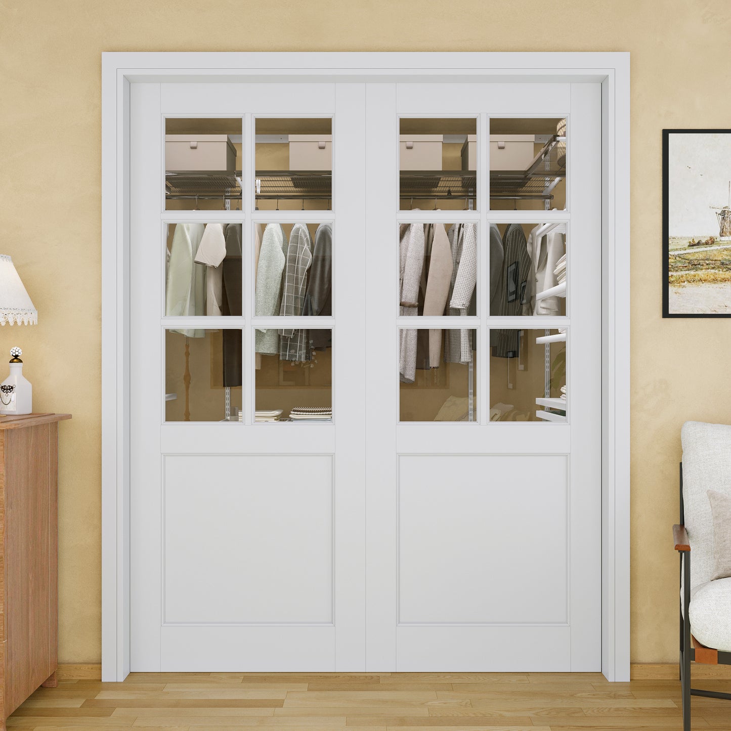 JUJUBON Soft-Close Sliding Pocket Doors, 6-Lite Tempered Clear Glass Door Slab with Hardware Kit&Pocket Door Frame, Interior Sliding Doors for 2x4 Stud, Pre-Finished&Paintable