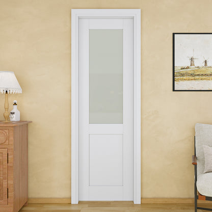 JUJUBON Soft-Close Sliding Pocket Doors, Half Tempered Frosted Glass Door Slab with Hardware Kit&Pocket Door Frame, Interior Sliding Doors for 2x4 Stud, Pre-Finished&Paintable