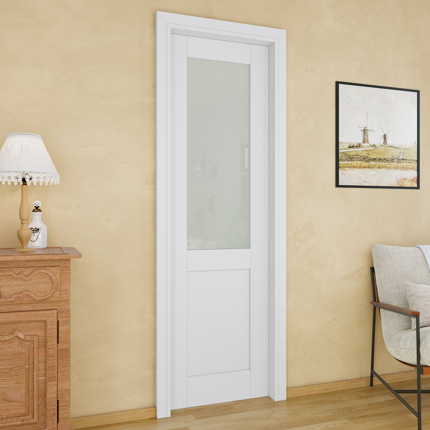 JUJUBON Soft-Close Sliding Pocket Doors, Half Tempered Frosted Glass Door Slab with Hardware Kit&Pocket Door Frame, Interior Sliding Doors for 2x4 Stud, Pre-Finished&Paintable