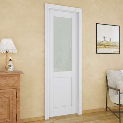 JUJUBON Soft-Close Sliding Pocket Doors, Half Tempered Frosted Glass Door Slab with Hardware Kit&Pocket Door Frame, Interior Sliding Doors for 2x4 Stud, Pre-Finished&Paintable
