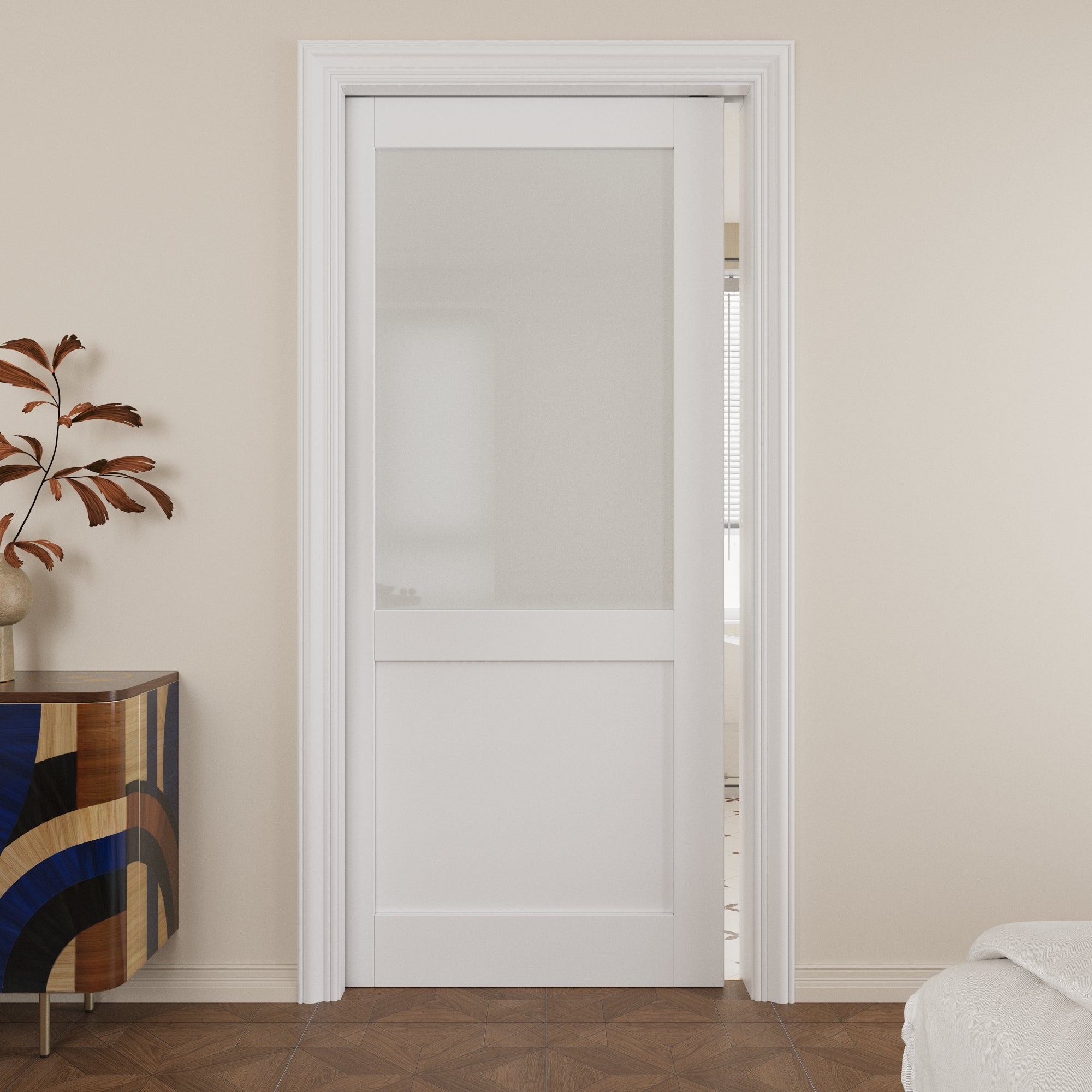 JUJUBON Soft-Close Sliding Pocket Doors, Half Tempered Frosted Glass Door Slab with Hardware Kit&Pocket Door Frame, Interior Sliding Doors for 2x4 Stud, Pre-Finished&Paintable