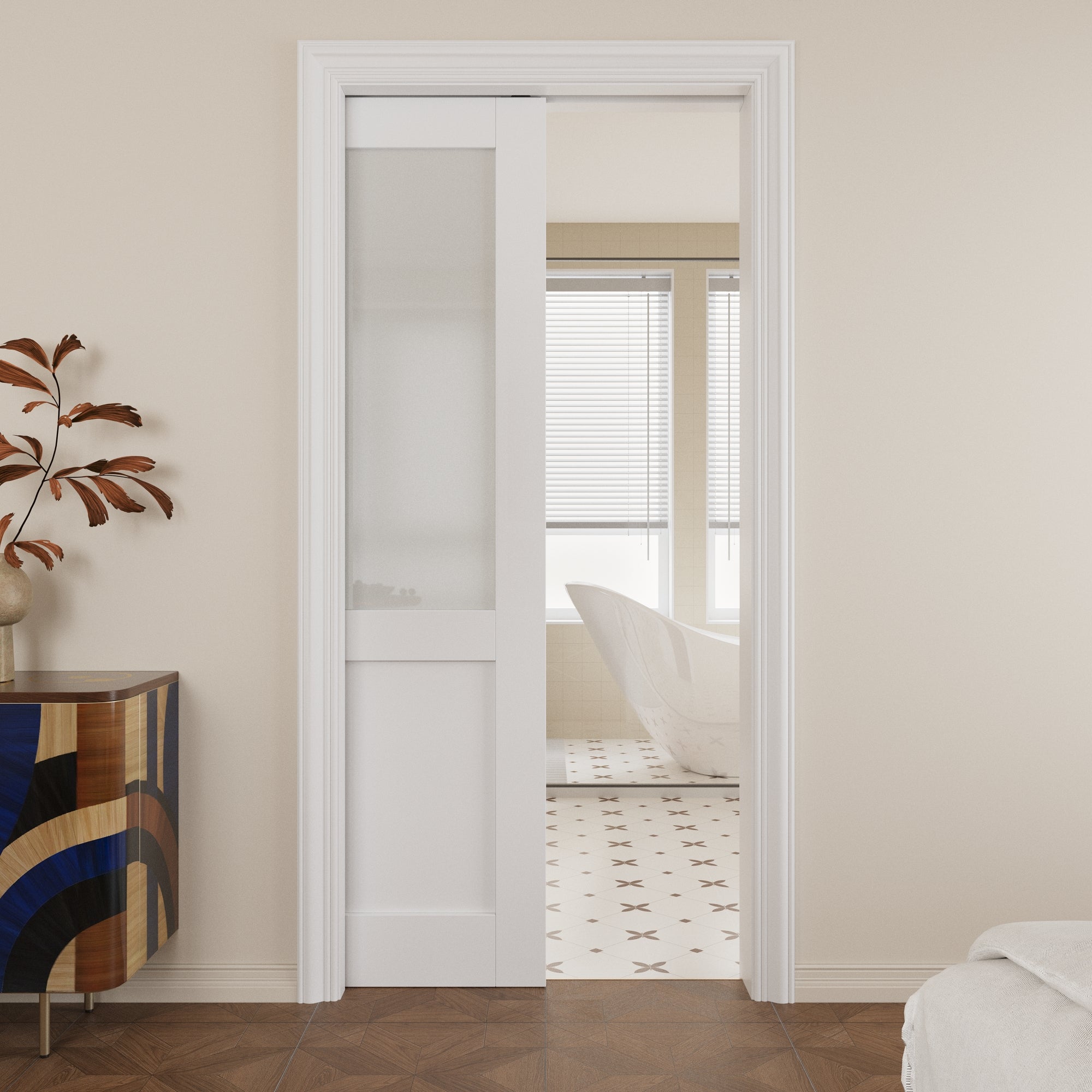 JUJUBON Soft-Close Sliding Pocket Doors, Half Tempered Frosted Glass Door Slab with Hardware Kit&Pocket Door Frame, Interior Sliding Doors for 2x4 Stud, Pre-Finished&Paintable
