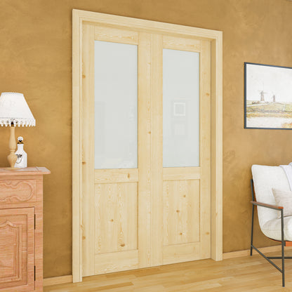 JUJUBON Soft-Close Sliding Pocket Doors, Half Tempered Frosted Glass&Pine Wood Door Slab with Hardware Kit&Pocket Door Frame, Interior Sliding Doors for 2x4 Stud, Unfinished