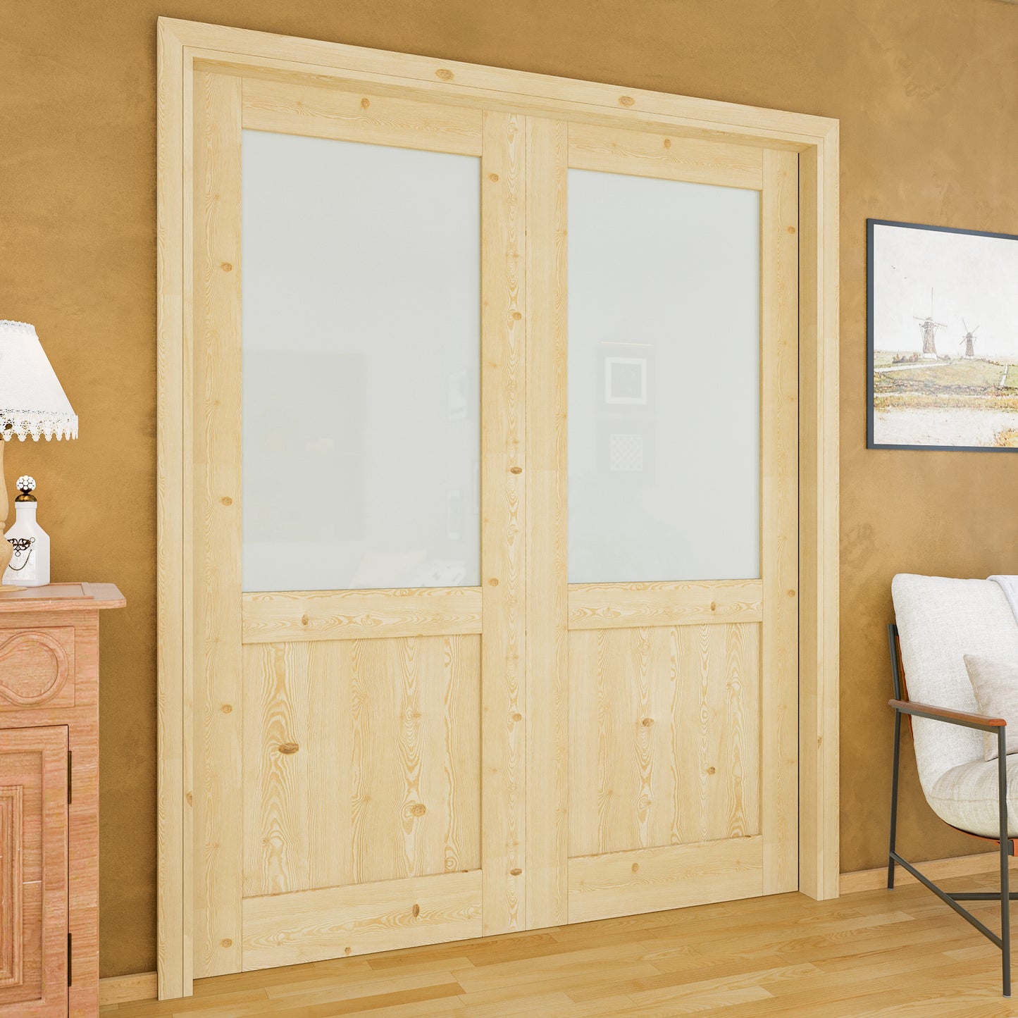 JUJUBON Soft-Close Sliding Pocket Doors, Half Tempered Frosted Glass&Pine Wood Door Slab with Hardware Kit&Pocket Door Frame, Interior Sliding Doors for 2x4 Stud, Unfinished