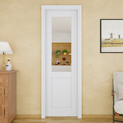 JUJUBON Soft-Close Sliding Pocket Doors, Mirror Door Slab with Hardware Kit&Pocket Door Frame, Interior Sliding Doors for 2x4 Stud, Pre-Finished&Paintable, One Side Mirror&The Opposite White