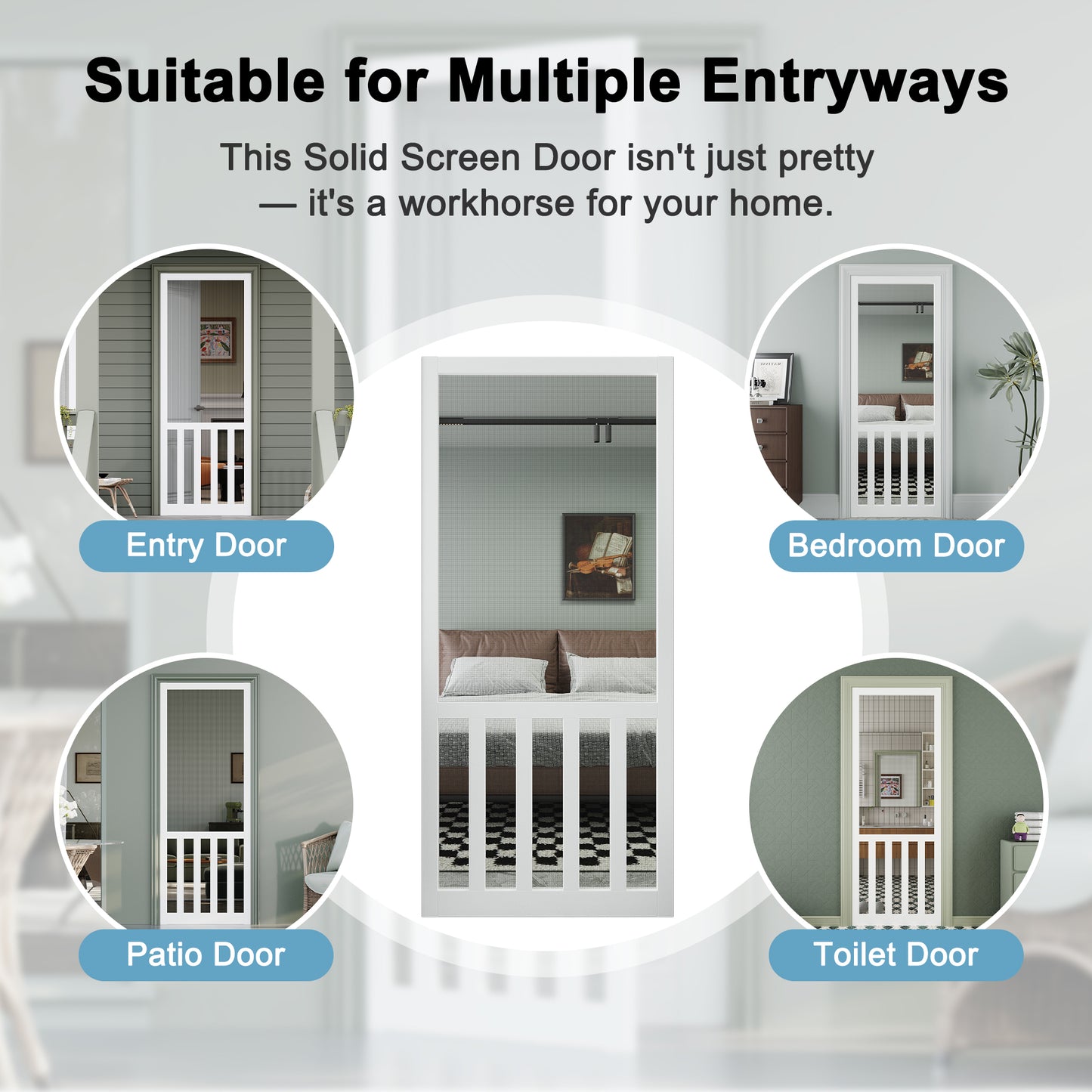 JUJUBON Front Wooden Screen Door for Swing Doors，Solid Pine French Style with Universal Hinged Gauze Mesh Screen Door for Exterior/Interior，Pre-Assembled Easy Installation, White