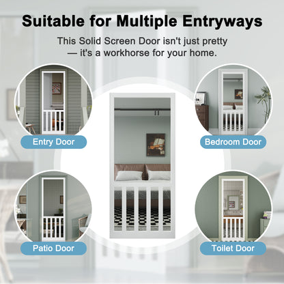 JUJUBON Front Wooden Screen Door for Swing Doors，Solid Pine French Style with Universal Hinged Gauze Mesh Screen Door for Exterior/Interior，Pre-Assembled Easy Installation, White