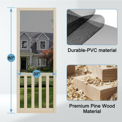 JUJUBON Front Wooden Screen Door for Swing Doors，Solid Pine French Style with Universal Hinged Gauze Mesh Screen Door for Exterior/Interior，Pre-Assembled Easy Installation
