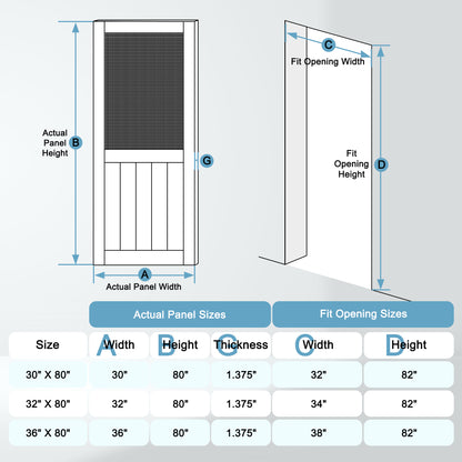 JUJUBON Front Wooden Screen Door for Swing Doors，Solid Pine French Style with Universal Hinged Gauze Mesh Screen Door for Exterior/Interior，Pre-Assembled Easy Installation, White