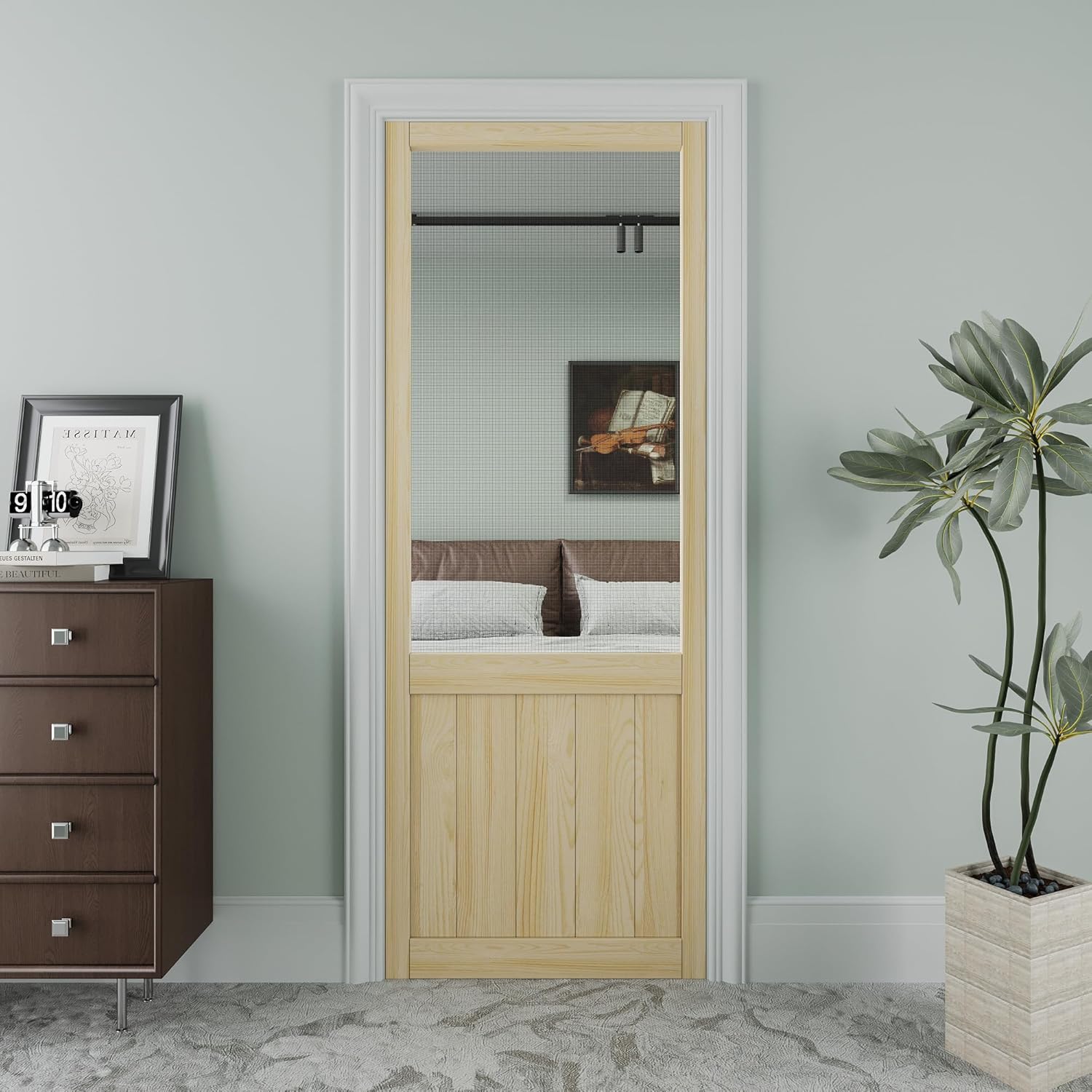 JUJUBON Front Wooden Screen Door for Swing Doors，Solid Pine French Style with Universal Hinged Gauze Mesh Screen Door for Exterior/Interior，Pre-Assembled Easy Installation
