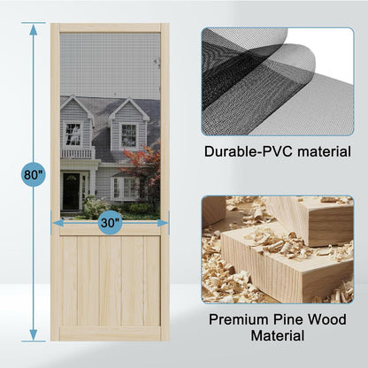 JUJUBON Front Wooden Screen Door for Swing Doors，Solid Pine French Style with Universal Hinged Gauze Mesh Screen Door for Exterior/Interior，Pre-Assembled Easy Installation
