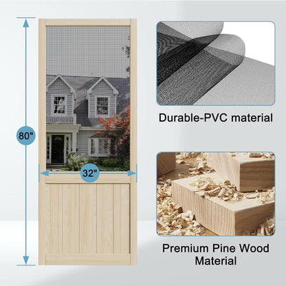 JUJUBON Front Wooden Screen Door for Swing Doors，Solid Pine French Style with Universal Hinged Gauze Mesh Screen Door for Exterior/Interior，Pre-Assembled Easy Installation