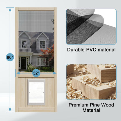 JUJUBON Wooden Front Screen Door, with Built-In Pet Door - French Solid Wood Pine Slab, Hinged Gauze Mesh For Exterior/Interior Doors