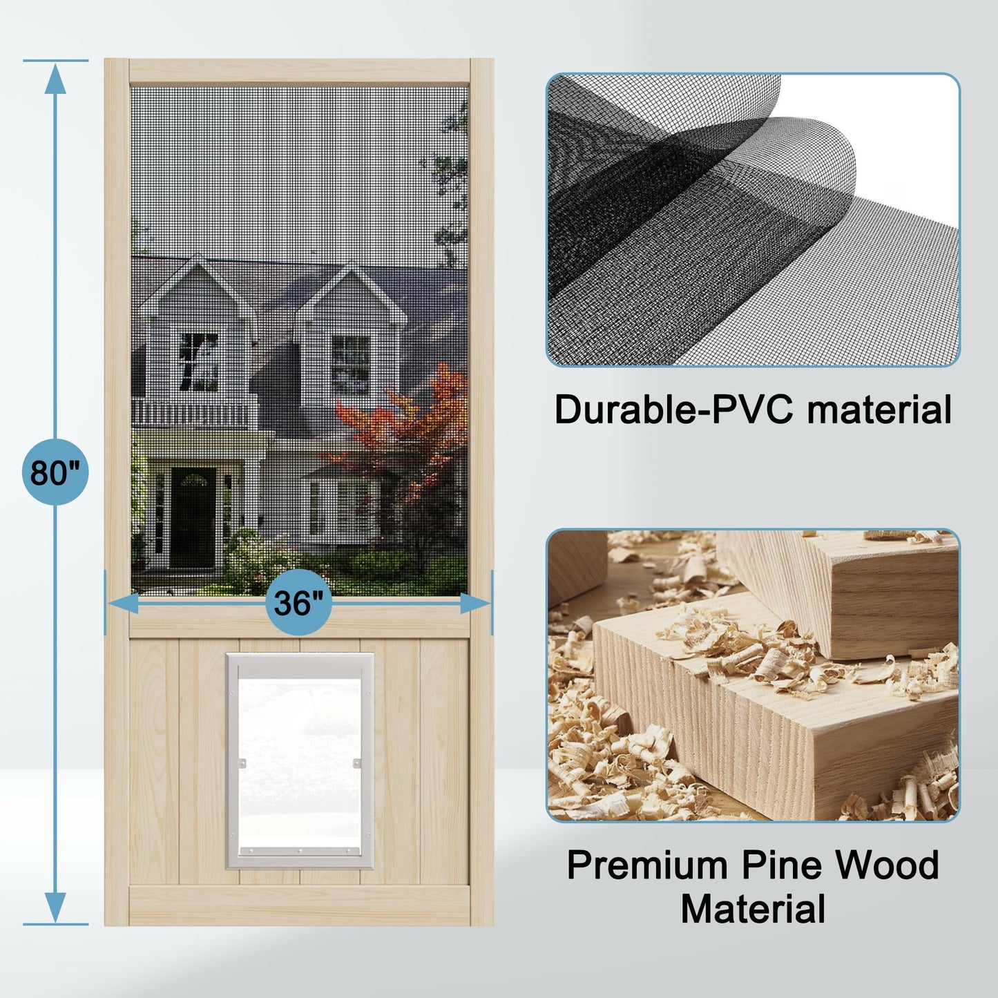 JUJUBON Wooden Front Screen Door, with Built-In Pet Door - French Solid Wood Pine Slab, Hinged Gauze Mesh For Exterior/Interior Doors
