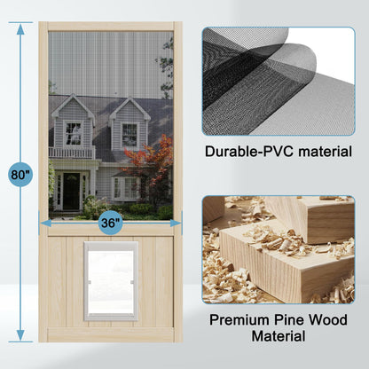 JUJUBON Wooden Front Screen Door, with Built-In Pet Door - French Solid Wood Pine Slab, Hinged Gauze Mesh For Exterior/Interior Doors