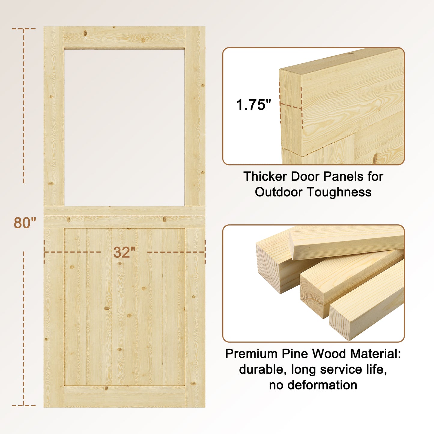 JUJUBON Exterior Dutch Door Slab, Universal Tempered Clear Glass Split Single Doors, Solid Core Home Door, Natural Pine Wood - with 4 Black Hinges & 1 Latch, Without Jamb