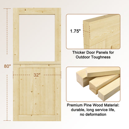 JUJUBON Exterior Dutch Door Slab, Universal Tempered Clear Glass Split Single Doors, Solid Core Home Door, Natural Pine Wood - with 4 Black Hinges & 1 Latch, Without Jamb