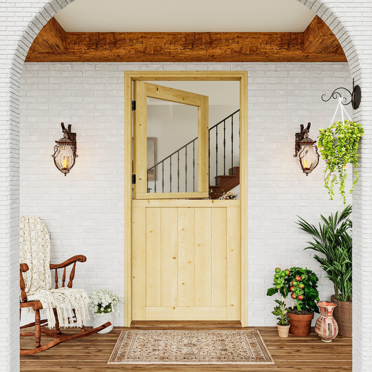 JUJUBON Exterior Dutch Door Slab, Universal Tempered Clear Glass Split Single Doors, Solid Core Home Door, Natural Pine Wood - with 4 Black Hinges & 1 Latch, Without Jamb