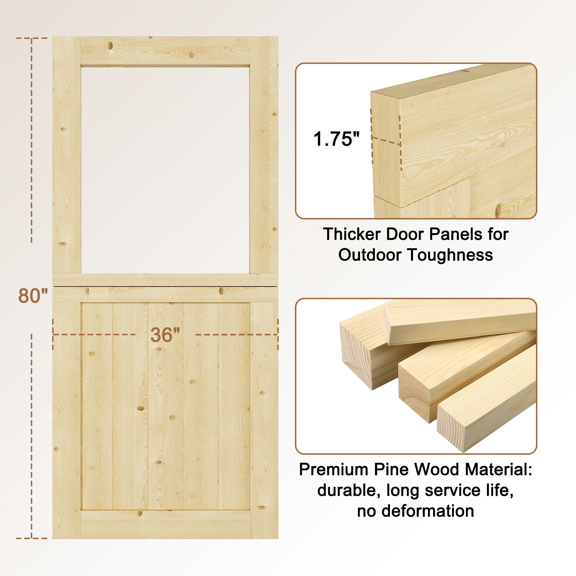 JUJUBON Exterior Dutch Door Slab, Universal Tempered Clear Glass Split Single Doors, Solid Core Home Door, Natural Pine Wood - with 4 Black Hinges & 1 Latch, Without Jamb