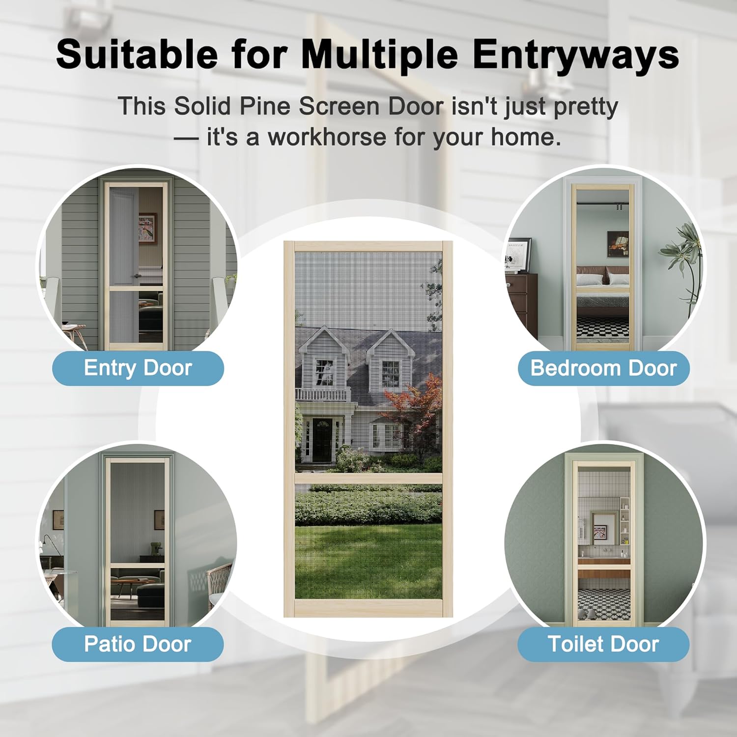 JUJUBON Front Wooden Screen Door for Swing Doors，Solid Pine French Style with Universal Hinged Gauze Mesh Screen Door for Exterior/Interior，Pre-Assembled Easy Installation