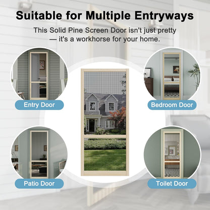 JUJUBON Front Wooden Screen Door for Swing Doors，Solid Pine French Style with Universal Hinged Gauze Mesh Screen Door for Exterior/Interior，Pre-Assembled Easy Installation