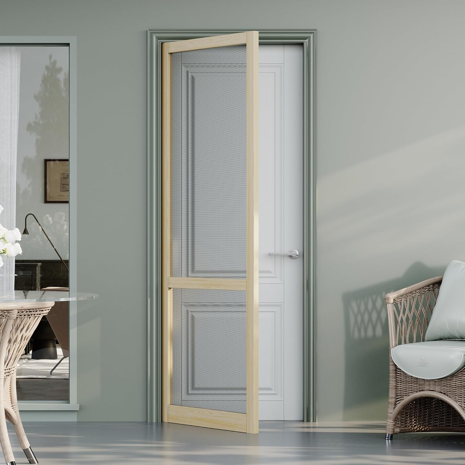JUJUBON Front Wooden Screen Door for Swing Doors，Solid Pine French Style with Universal Hinged Gauze Mesh Screen Door for Exterior/Interior，Pre-Assembled Easy Installation