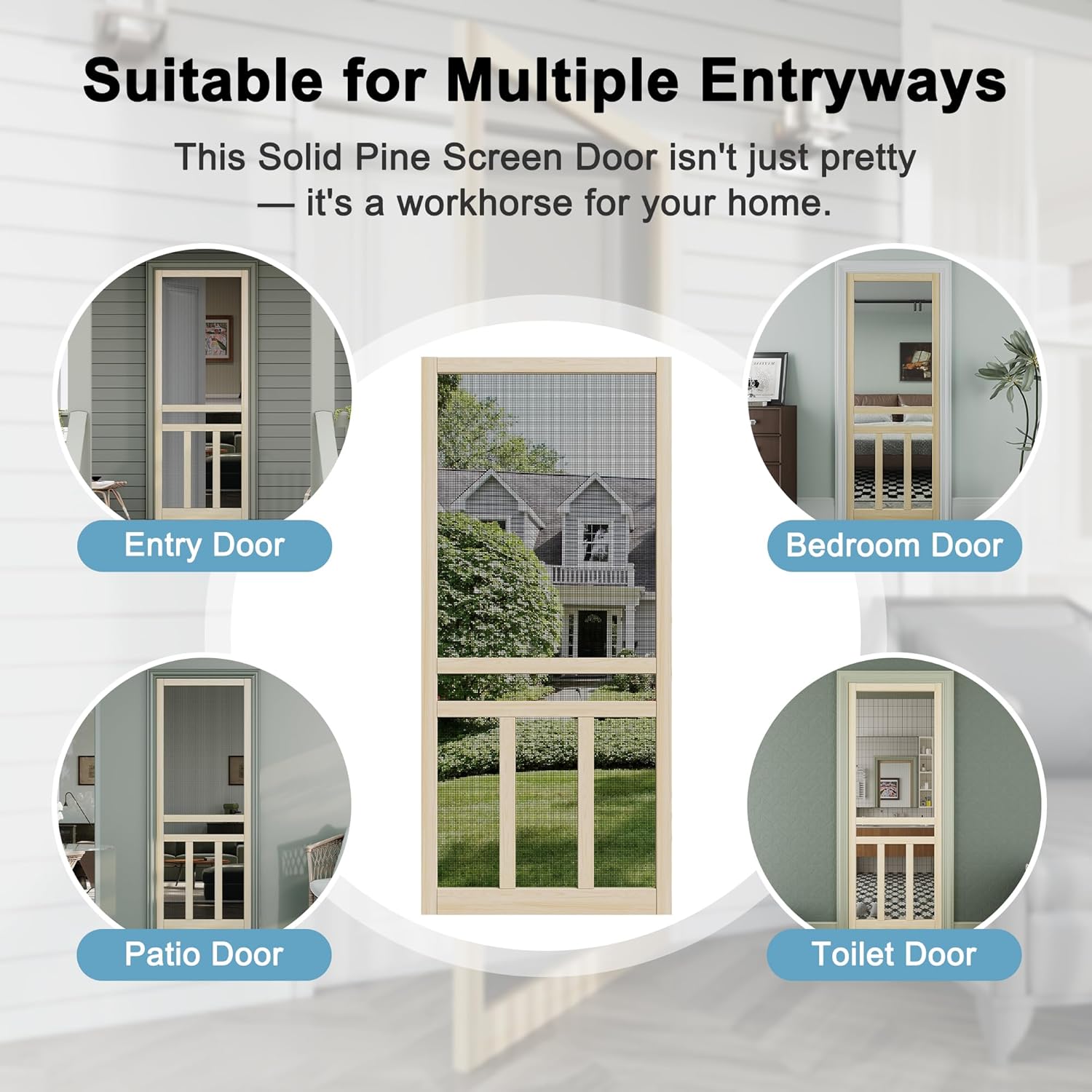 JUJUBON Front Wooden Screen Door for Swing Doors，Solid Pine French Style with Universal Hinged Gauze Mesh Screen Door for Exterior/Interior，Pre-Assembled Easy Installation
