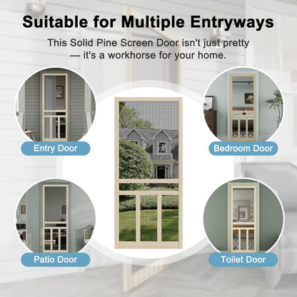 JUJUBON Front Wooden Screen Door for Swing Doors，Solid Pine French Style with Universal Hinged Gauze Mesh Screen Door for Exterior/Interior，Pre-Assembled Easy Installation