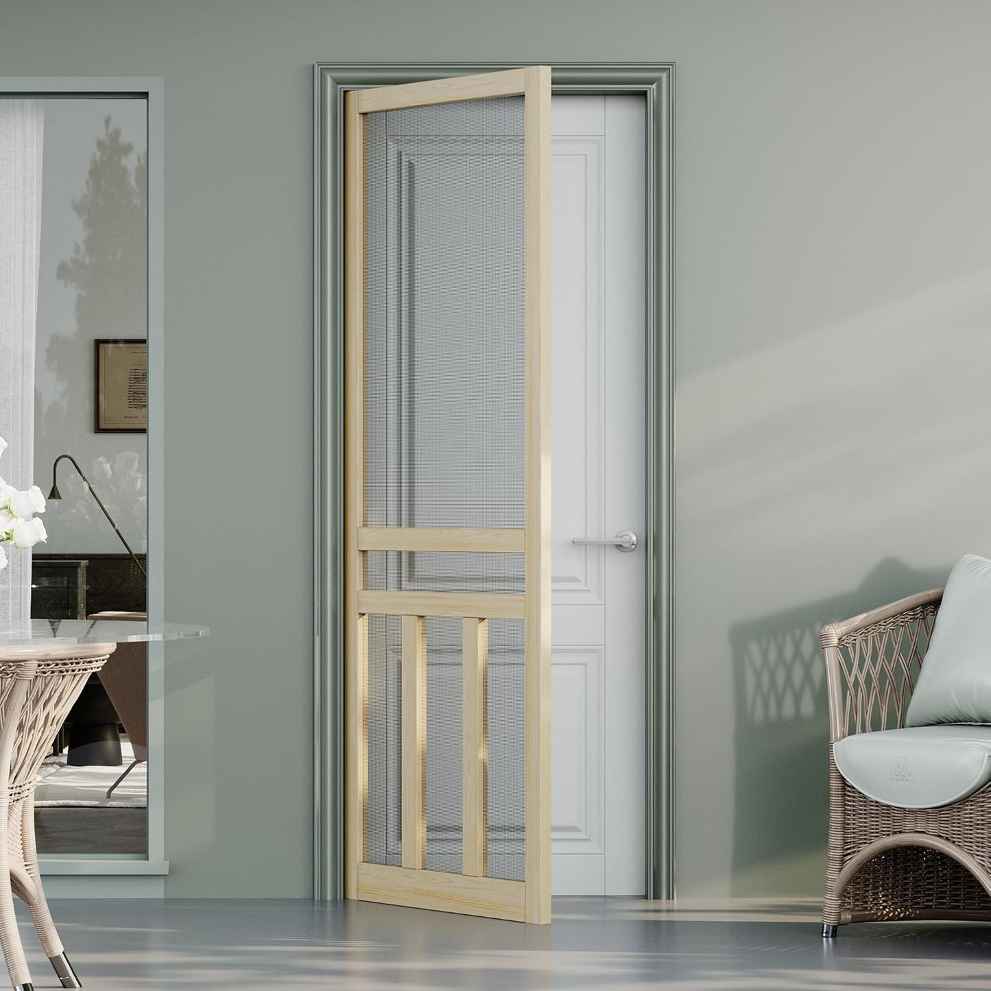 JUJUBON Front Wooden Screen Door for Swing Doors，Solid Pine French Style with Universal Hinged Gauze Mesh Screen Door for Exterior/Interior，Pre-Assembled Easy Installation