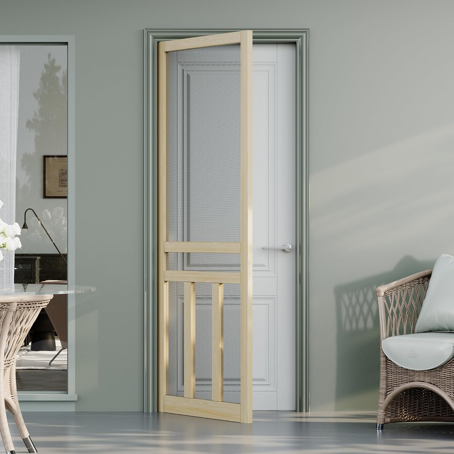 JUJUBON Front Wooden Screen Door for Swing Doors，Solid Pine French Style with Universal Hinged Gauze Mesh Screen Door for Exterior/Interior，Pre-Assembled Easy Installation