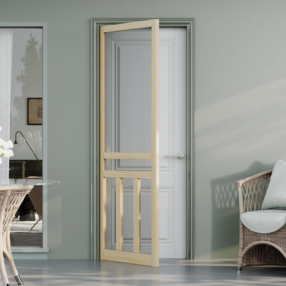 JUJUBON Front Wooden Screen Door for Swing Doors，Solid Pine French Style with Universal Hinged Gauze Mesh Screen Door for Exterior/Interior，Pre-Assembled Easy Installation