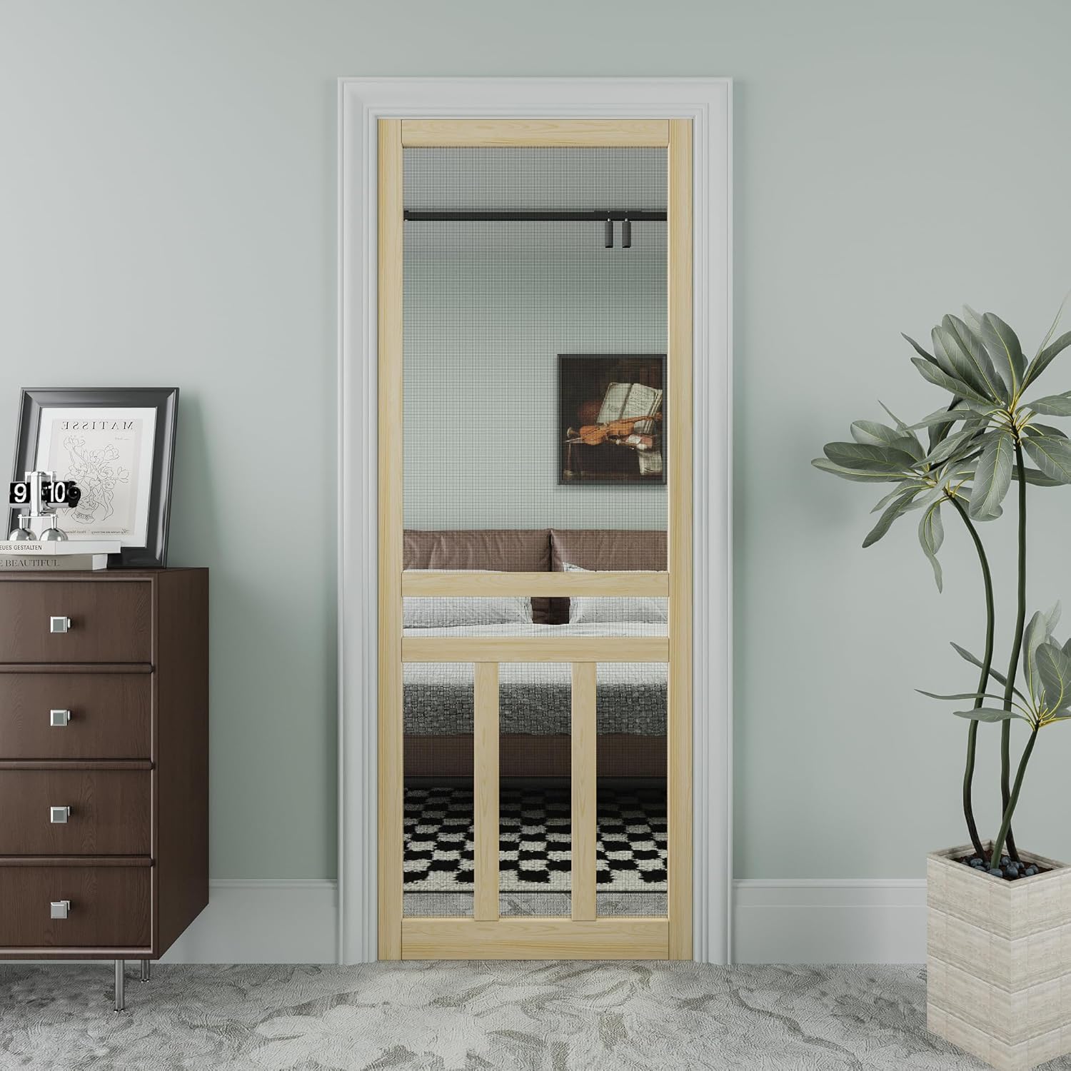 JUJUBON Front Wooden Screen Door for Swing Doors，Solid Pine French Style with Universal Hinged Gauze Mesh Screen Door for Exterior/Interior，Pre-Assembled Easy Installation
