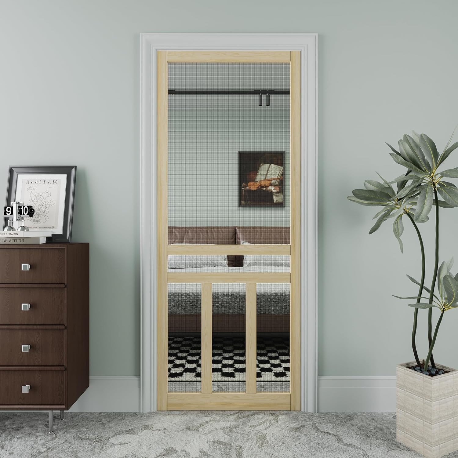 JUJUBON Front Wooden Screen Door for Swing Doors，Solid Pine French Style with Universal Hinged Gauze Mesh Screen Door for Exterior/Interior，Pre-Assembled Easy Installation